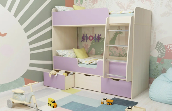 Детская 2-этажная кровать Малыш двойняшка 70х160, корпус Дуб молочный, фасад Ирис в Новосибирске - изображение