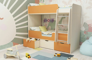 Детская 2-этажная кровать Малыш двойняшка 70х160, корпус Дуб молочный, фасад Оранжевый в Новосибирске - предосмотр