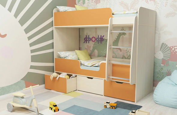 Детская 2-этажная кровать Малыш двойняшка 70х160, корпус Дуб молочный, фасад Оранжевый в Новосибирске - изображение