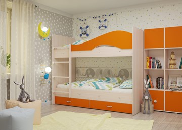 Детская 2-х ярусная кровать Мая на щитах, корпус Млечный дуб, фасад Оранжевый в Новосибирске - предосмотр 1