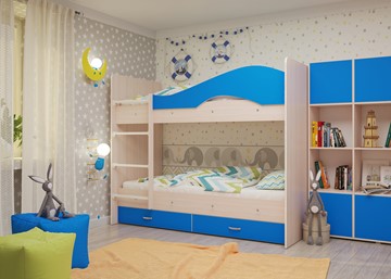 Детская 2-этажная кровать Мая на щитах, корпус Млечный дуб, фасад Синий в Новосибирске - предосмотр 1