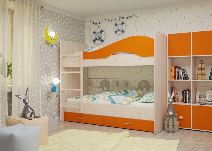 Детская двухъярусная кровать Мая на щитах со шкафом и ящиками, корпус Млечный дуб, фасад Оранжевый в Новосибирске - изображение 1