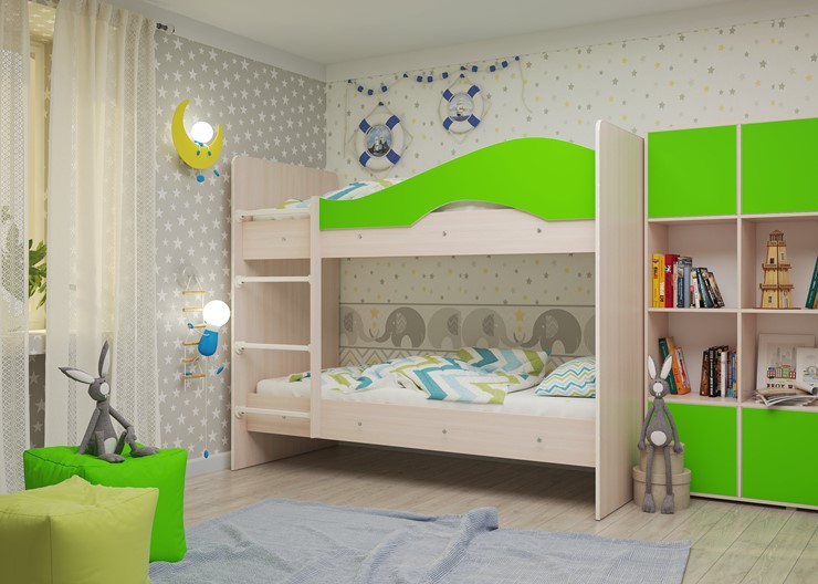 Двухэтажная детская кровать Мая на щитах со шкафом и ящиками, корпус Млечный дуб, фасад Салатовый в Новосибирске - изображение 2