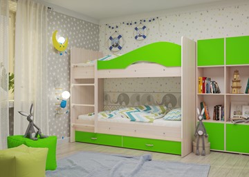 Двухэтажная детская кровать Мая на щитах со шкафом и ящиками, корпус Млечный дуб, фасад Салатовый в Новосибирске - предосмотр 1