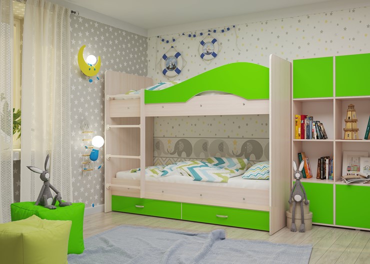 Двухэтажная детская кровать Мая на щитах со шкафом и ящиками, корпус Млечный дуб, фасад Салатовый в Новосибирске - изображение 1