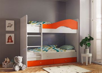 Детская двухэтажная кровать Мая с 2 ящиками на щитах, корпус Млечный дуб, фасад Оранжевый в Новосибирске - предосмотр