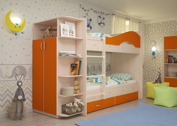 Детская двухэтажная кровать Мая с 2 ящиками на щитах, корпус Млечный дуб, фасад Оранжевый в Новосибирске - предосмотр 1