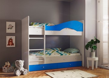 Детская 2-ярусная кровать Мая с 2 ящиками на щитах, корпус Млечный дуб, фасад Синий в Бердске