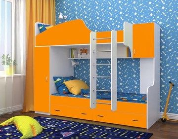 Детская двухэтажная кровать Ярофф Юниор-2, каркас Белое дерево, фасад Оранжевый в Новосибирске
