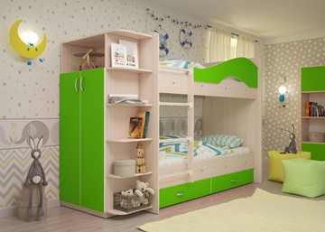 Двухэтажная детская кровать Мая на щитах со шкафом и ящиками, корпус Млечный дуб, фасад Салатовый в Новосибирске - предосмотр