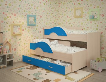 Двухэтажная детская кровать Радуга 1.6 с ящиком, корпус Млечный дуб, фасад Синий в Новосибирске - предосмотр 1