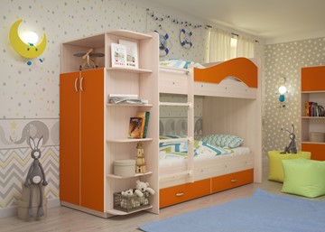 Детская двухъярусная кровать Мая на щитах со шкафом и ящиками, корпус Млечный дуб, фасад Оранжевый в Новосибирске - предосмотр