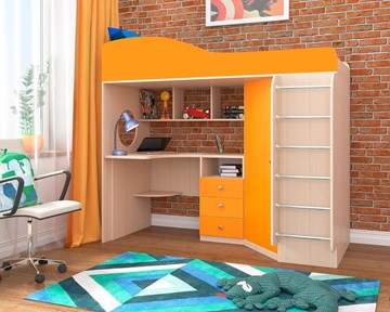 Кровать-чердак в детскую Кадет-1 с металлической лестницей, корпус Дуб, фасад Оранжевый в Новосибирске - предосмотр