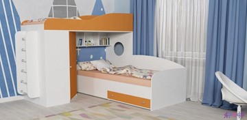 Детская кровать-шкаф Кадет-2 с металлической лестницей, корпус Белое дерево, фасад Оранжевый в Новосибирске