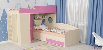 Детская кровать-шкаф Кадет-2 с металлической лестницей, корпус Дуб, фасад Розовый в Бердске