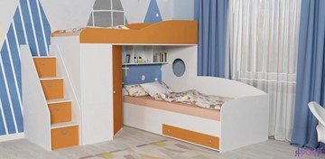Детская кровать-шкаф Кадет-2 с универсальной лестницей, корпус Белое дерево, фасад Оранжевый в Новосибирске