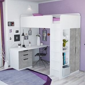 Кровать-чердак с письменным столом и шкафом POLINI Kids Simple Белый / Бетон в Новосибирске - предосмотр 1