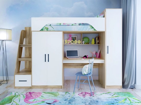 Кровать-чердак в детскую с шкафом Тея, каркас Ясень, фасад Белый в Новосибирске - изображение