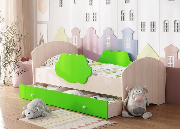 Кровать детская Тучка с ящиком, корпус Дуб млечный, фасад Лайм в Новосибирске - изображение