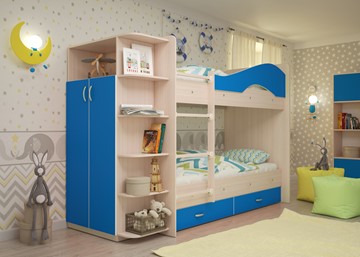 Детская 2-этажная кровать Мая на щитах со шкафом и ящиками, корпус Млечный дуб, фасад Синий в Новосибирске - предосмотр