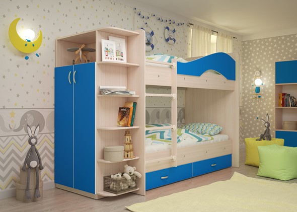 Детская 2-этажная кровать Мая на щитах со шкафом и ящиками, корпус Млечный дуб, фасад Синий в Новосибирске - изображение