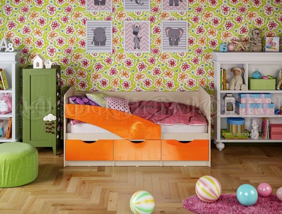 Кровать в детскую Бабочки 800*1600, Оранжевый глянец в Новосибирске - изображение