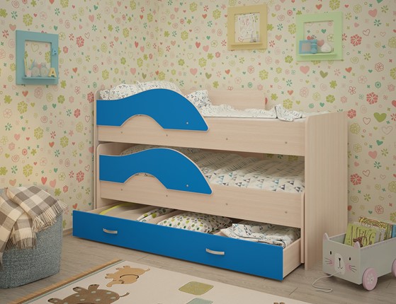 Двухэтажная детская кровать Радуга 1.6 с ящиком, корпус Млечный дуб, фасад Синий в Новосибирске - изображение
