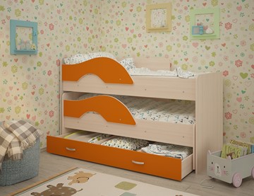 Детская 2-х ярусная кровать Радуга 1.6 с ящиком, корпус Млечный дуб, фасад Оранжевый в Новосибирске - предосмотр