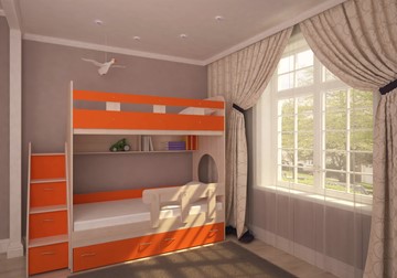 Детская 2-этажная кровать Юниор-1 с бортом, каркас Дуб, фасад Оранжевый в Новосибирске - предосмотр