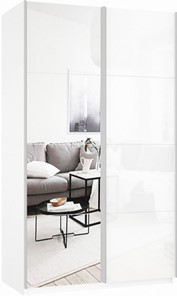 Шкаф 2-дверный Прайм (Зеркало/Белое стекло) 1400x570x2300, белый снег в Бердске