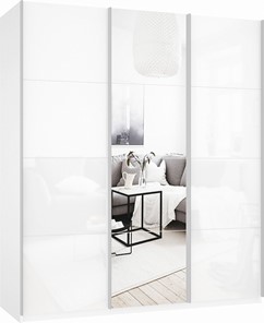 Шкаф Прайм (Белое стекло/Зеркало/Белое стекло) 1800x570x2300, белый снег в Новосибирске