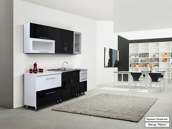 Кухонный гарнитур Мыло 224 2000х718, цвет Черный/Белый металлик в Новосибирске - изображение