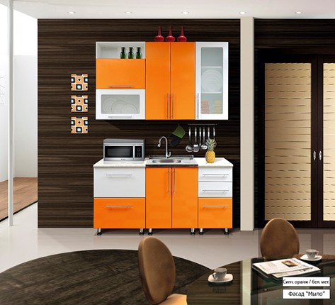 Гарнитур на кухню Мыло 224 1600х718, цвет Оранжевый/Белый металлик в Новосибирске - изображение