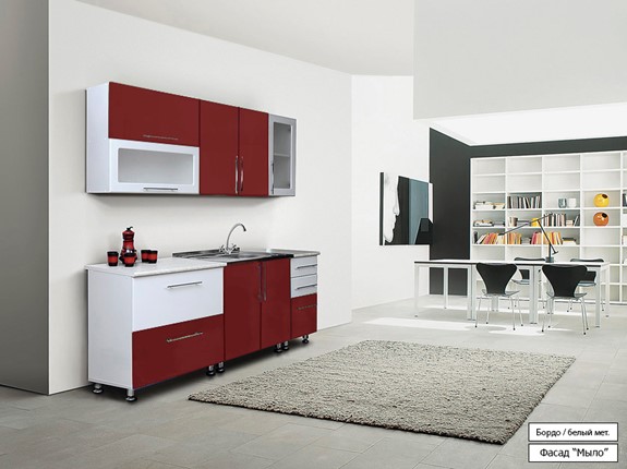 Модульный кухонный гарнитур Мыло 224 2000х718, цвет Бордо/Белый металлик в Бердске - изображение