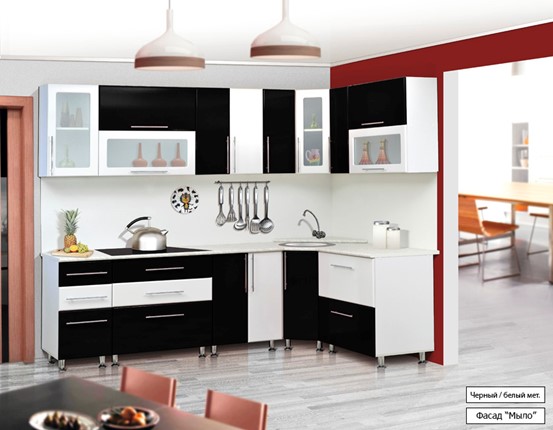 Кухня угловая Мыло 224 2600х1600, цвет Черный/Белый металлик в Новосибирске - изображение