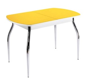 Кухонный раздвижной стол ПГ-07 СТ2, белое/желтое стекло/35 хром гнутые металл в Бердске