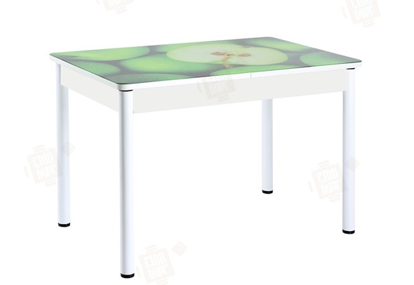 Кухонный стол раскладной Айсберг-01 СТФ, белый/фотопечать зеленые яблоки/ноги крашеные в Новосибирске - изображение