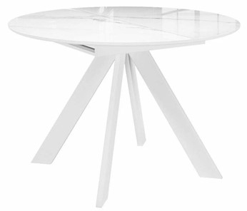 Маленький кухонный стол раздвижной DikLine SFC110 d1100 стекло Оптивайт Белый мрамор/подстолье белое/опоры белые в Новосибирске