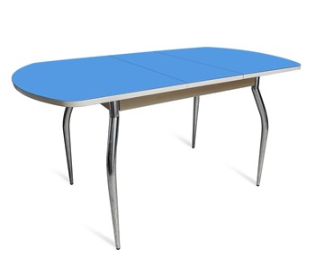 Небольшой стол ПГ-01 СТ2, дуб молочный/синие стекло/35 хром гнутые металл в Бердске