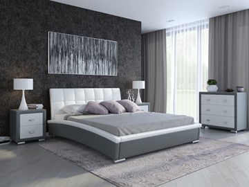 Кровать в спальню Corso-1L 160x200, Экокожа (Серый с белым) в Новосибирске