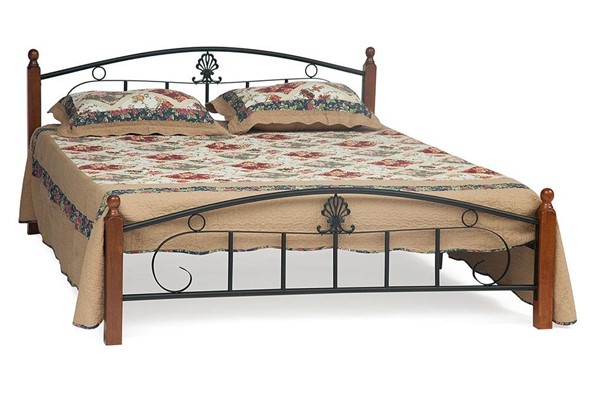 Кровать с основанием РУМБА (AT-203)/ RUMBA дерево гевея/металл, 160*200 см (Queen bed), красный дуб/черный в Новосибирске - изображение