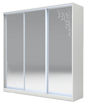 Шкаф 3-х дверный 2200х2014х620 три зеркала, Орнамент ХИТ 22-20/2-656-09 Белая Шагрень в Новосибирске - изображение