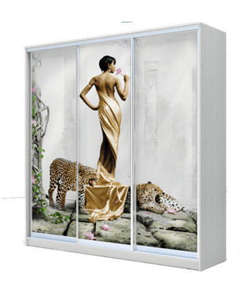 Шкаф 3-х створчатый 2300х2000х620, наполнение №2, Девушка с леопардом ХИТ 23-20-777-03 Белая шагрень в Новосибирске - изображение