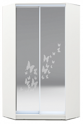 Шкаф угловой 2300х1103, ХИТ У-23-4-66-05, бабочки, 2 зеркала, белая шагрень в Новосибирске - изображение