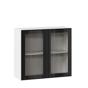 Навесной кухонный шкаф со стеклом 800 Индиго ЛД 298.360.000.023, Белый/Чёрный в Новосибирске - предосмотр