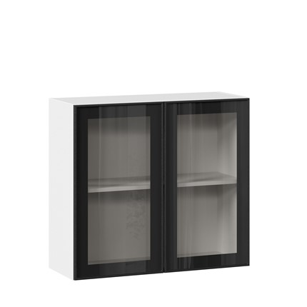 Навесной кухонный шкаф со стеклом 800 Индиго ЛД 298.360.000.023, Белый/Чёрный в Новосибирске - изображение