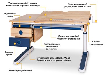 Растущая парта Mealux Oxford Wood Lite BL с ящиком, синяя в Новосибирске - предосмотр 1