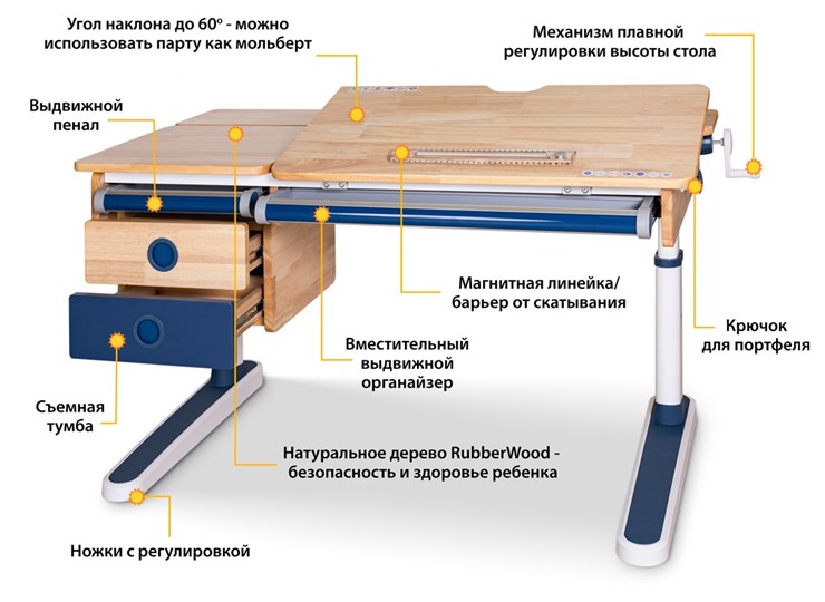 Растущая парта Mealux Oxford Wood Lite BL с ящиком, синяя в Новосибирске - изображение 1